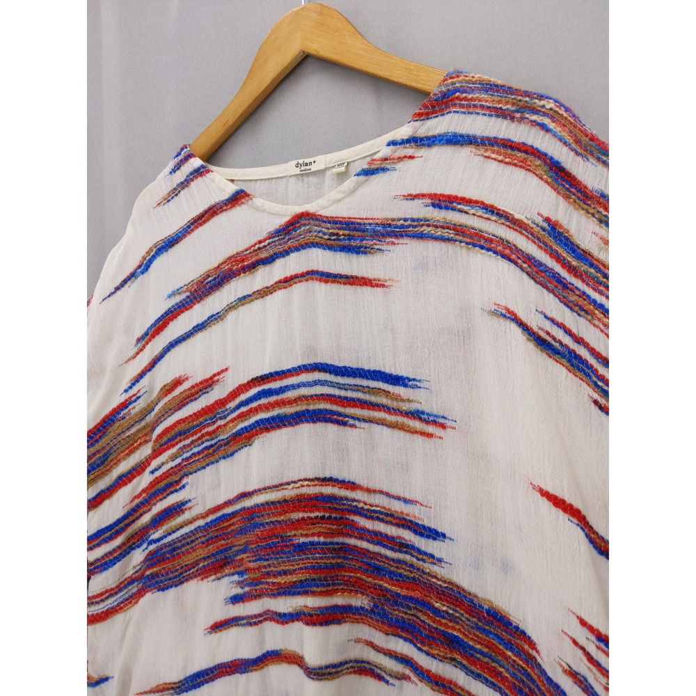 Dylan Gauze Poncho Top Women Medium White Multi Color Fringe Boho Stripe - Picture 2 of 10